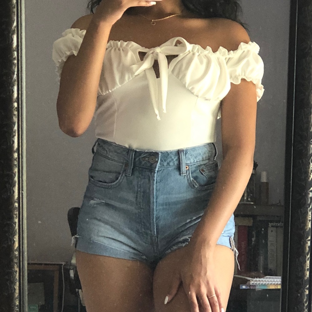 CREAM RUFFLE TIE FRONT BARDOT CROP TOP - PANDORA